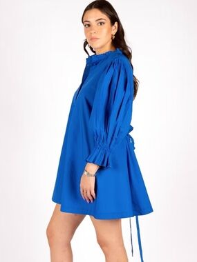 Sincerely Ours cobalt blue poplin dress playful puff sleeves ruffled cuffs XS